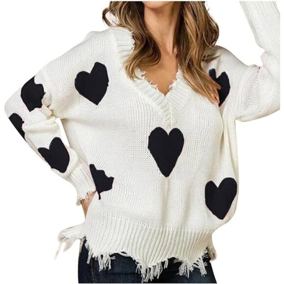 Wildfox Sweaters - WILDFOX Heart Sweater Sz Small White Black V Neck Oversized Fringe Raw Hem Knit